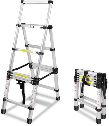 Aufun Escalera telescópica de 1,7 m + 2 m, marco A, 6 + 7 peldaños, escalera de aluminio antideslizante, escalera deslizante, escalera telescópica, escalera multiusos, máx. 150 kg de carga