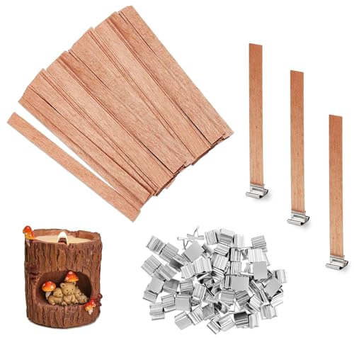 CHENYU 80 Pezzi Naturale Stoppino Candela con 80 Supporti in Ferro Stoppini per Realizza Candele Fatte a Mano per Candele in Legno per fai da te Senza Fumo Stoppini Tagliabile (13 x 130 mm)