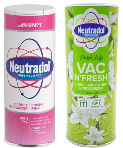 Neutradol Fresh Pink & Vac n Fresh Lily, deodorante per tappeti e tappeti, detergente per tappeti e eliminatore di odori, per rinfrescare efficacemente con Shake e Vac Deodorante per tappeti,