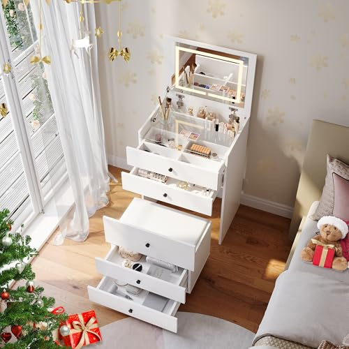 SONNI 3-i-1 sminkbord med hopfällbar spegel, LED, pall, vit, 60 x 45 x 83 cm | Kosmetiskt bord med 4 lådor, glasplatta, förvaringspall med 4 universella rullar, toalettbord för sovrum, lägenhet