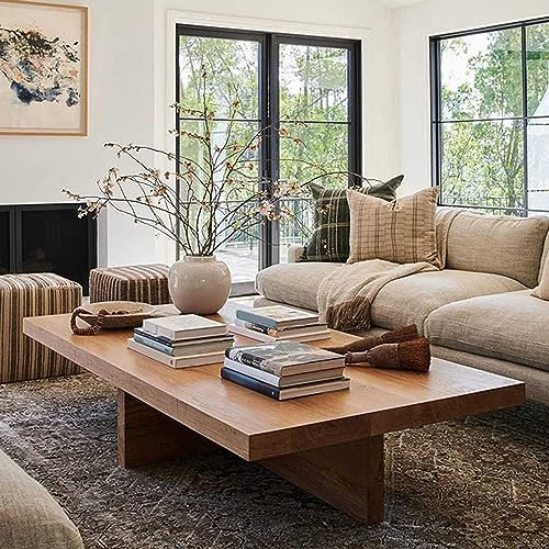 Mesa de centro de madera maciza de pino rústico con patas cruzadas, mesa de cóctel rectangular de estilo nórdico para sala de estar, ideal para casas de familia y decoración de cabaña de troncos