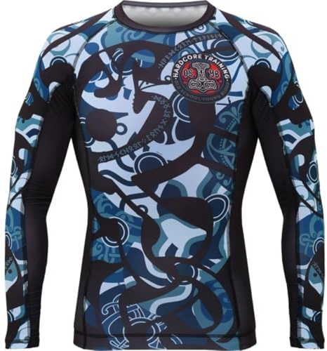 Hardcore Training Men's Rash Guard Compression Long Sleeve Kompression Lång Arm Herr Män Jiu Jitsu MMA No-Gi Tight BJJ (DE/NL/SE/PL, Alfa, 4XL, Regelbunden, Regelbunden, Light Blue/Blue)