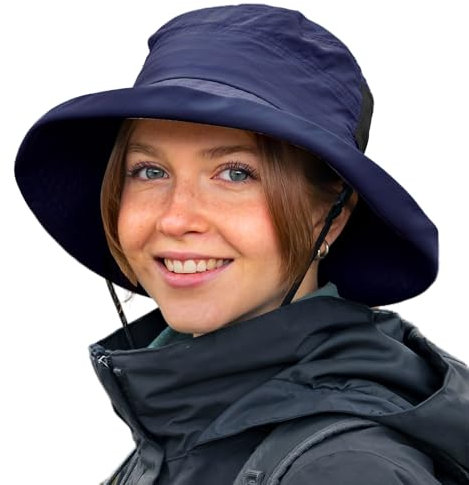 TOP-EX UPF 50 Sonnenhüte Damen mit Pferdeschwanz, Breiter Krempe Fischerhut für UV-Schutz, Wasserdicht regenhut, Kinnriemen, Atmungsaktiv Sommer-Mesh, Faltbar, Safari, Strand, Gärtner, Marineblau L