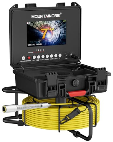 MOUNTAINONE Telecamera Ispezione Tubi con DVR, 7 Monitor Telecamera per Ispezione Tubi IP68 Impermeabile con 12 LED Luce Regolabili, Endoscopio Professionale Scheda da 32GB inclusa (30M/23mm Camera)