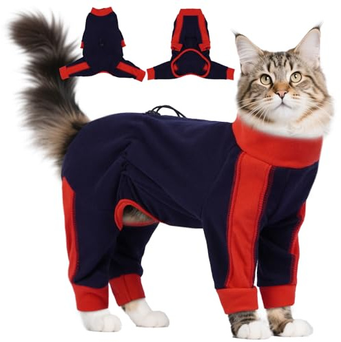 Hjyokuso Cat Clothes, 4-Legged Cat Body Suit To Stop Licking, Kitten Jumper, Breathable & Soft For Skin Protection, Reduces Shedding Spread, Blue, XL