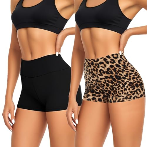 SAIIURV 2 Pièces Shorty Taille Haute pour Femme, Short de Sport Femmes, Short de Yoga à Taille Haute, Hot Pant, Booty Scrunch Butt Legging Court, Opaque Doux Elastique Cyclisme Pilates (Noir, Brun)