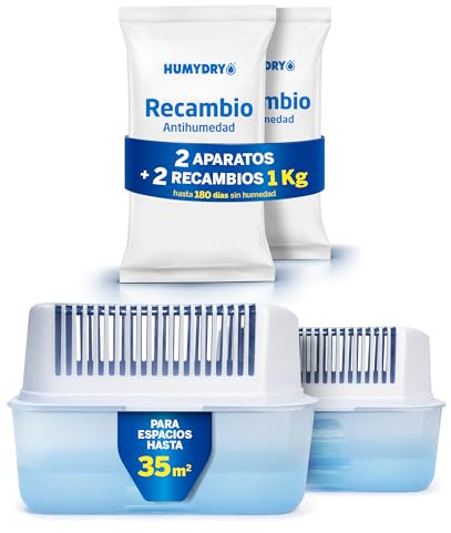 HUMYDRY - Aparato Magnum 1 kg – Pack de 2 Deshumidificadores Antihumedad – Absorben Humedad y Reducen Olores en Espacios Grandes hasta 35 m² – Compatible con Recambios 1 kg
