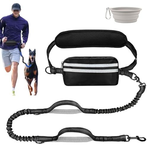Guinzaglio da jogging per cani con cintura addominale, guinzaglio a mano libera, guinzaglio per cani da jogging, guinzaglio da corsa con ciotola per acqua potabile, marsupio rimovibile e cintura di