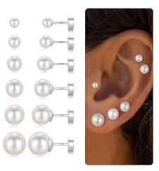 TINGN 6 Pair Silver/Gold Plated Stud Earrings for Women Surgical Steel Hypoallergenic Flat Back Earrings Tiny CZ/Ball/Pearl Earring Cartilage Ear Piercing Jewellery Gifts for Women Girls