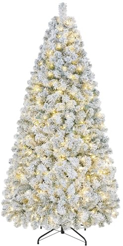 Yaheetech 183 cm konstgjord julgran med snö och 250 varm vit LED, snöflingor julgran, ca 780 spetsar, brandsäker julgran, snabb montering inkl. metallstativ, vit och grön
