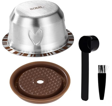 Reusable Pods for Nespresso Vertuo Machine, Stainless Steel 80ml Refillable Coffee Capsule Set with Silicone Lid Spoon & Brush Coffee Accessories for Nespresso