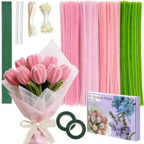 Kezidhp Limpiapipas Manualidades - Set de 500 piezas en 4 colores, Manualidades Adultos incluye cintas, cinta adhesiva, pistilos, alambre floral, instrucciones