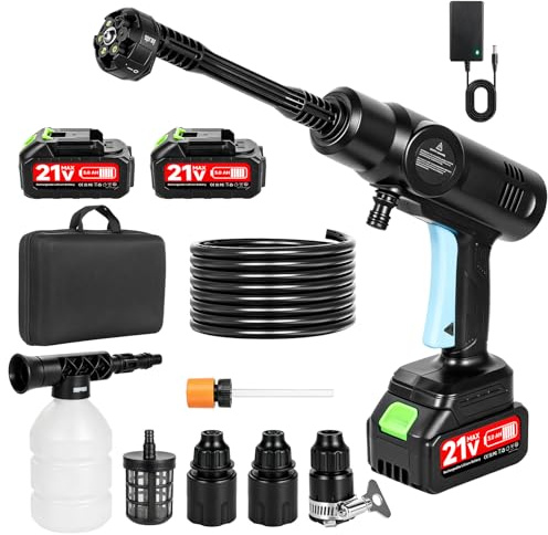 Teodute 21V Hidrolimpiadora Bateria, 80Bar/1160PSI, 4L/min, 6 en 1 Boquilla con 5M Manguera y 3 Boquillas, 2×3.0Ah Baterías, para Coche Patio Jardín Limpieza Suelos (con Bolso de Avión)