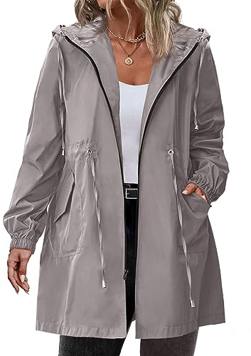 IN'VOLAND Damen Regenjacke Übergröße Langer Regenmantel Leichte Kapuze Windbreaker Wasserdichte Jacken mit Taschen, GRAU, 54 Große Größen