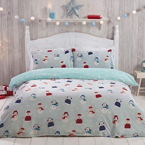 Sleepdown Jolly Snowman Reversible Fleece Duvet Cover and Pillowcase Bed Linen Set, Blue, 135 x 200 cm