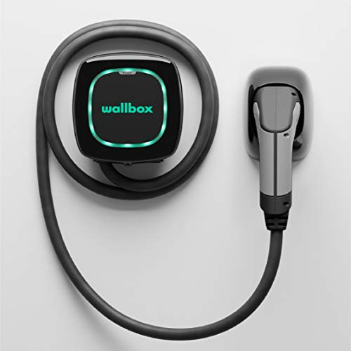 Wallbox Pulsar Plus Ladegerät mit Einer Ladeleistung von bis zu 22 KW, Typ 2-Stecker und 5-Meter-Ladekabel. Bluetooth- und Wi-Fi-Konnektivität.