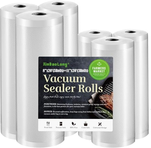 Vacuum Sealer Bags For Food: 6 Pack 3 Rolls 11 x 20' + 3 Rolls 8 x 20' - Commercial Grade BPA Free Bag Rolls - Durable Cut-to-Length Food Vac Bags for Sous Vide Cooking Puncture Prevention