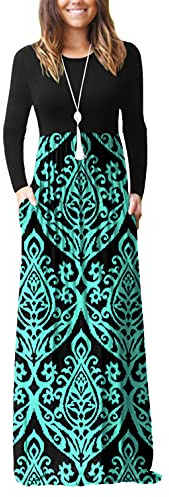 GRECERELLE Women's Casual Maxi Dress Long Sleeve Long Dresses with Pockets and Sleeves for Ladies (Blue Green, L)