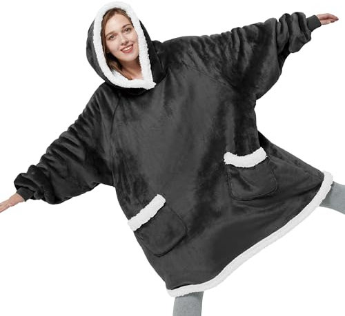 BEDSURE Hoodie Decke mit Ärmeln und Kapuze - Sherpa Deckenpullover als Geschenke für Frauen, Übergroßer Kuschelpullover Damen, Tragbare Decke zum Anziehen Erwachsene Anthrazit 95x83 cm