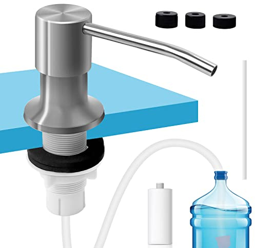 Kitchen Soap Dispenser, WJUAN Stainless Steel Dish Soap Dispenser with 100cm Silicone Tubing, 500ml ABS Pump Bottle & 3 Gauge Caps, for Kitchen Sink Washing Liquid Dispensing