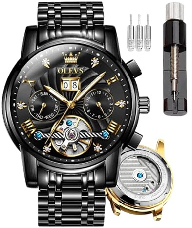 OLEVS Montres pour hommes automatiques, montres squelette à remontage automatique pour hommes avec tourbillon, en acier inoxydable