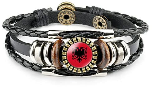 Armbänder Für Herren,Albanien Flagge Zeit Stein Armband Geschichtet Geflochtenes Leder Armband Fußball Liebhaber Flaggenmuster Armband World Cup Schmuck Charm Schmuck Für Frauen Männer Geschenk