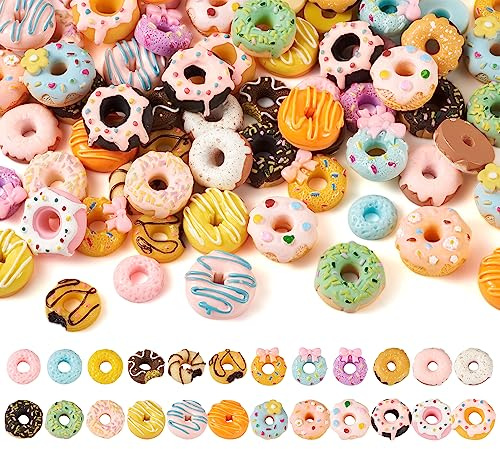 Craftdady 96Pcs Donut Beads Flatback Resin Charms 24 Styles Imitaiton Food Cabochons No Hole Cute Beads Bread Sweets Kawaii Charms for Jewelry Making