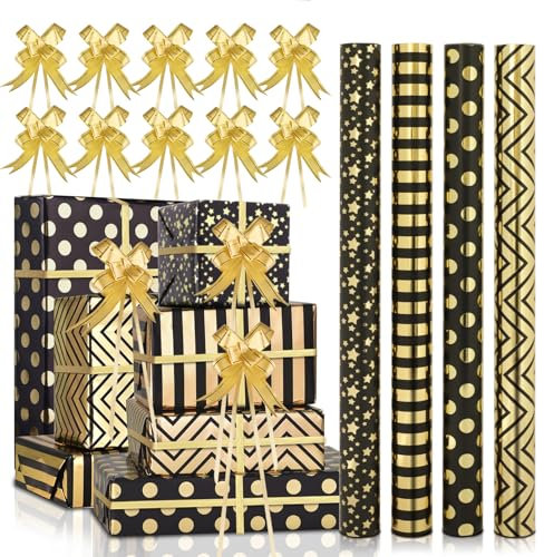AhfuLife 4 Rollen Weihnachts Geschenkpapier Set, 43cm x 3M Geschenkpapier Geburtstag Schwarz Gold mit 10 Schleifenband, Geschenkpapierrolle für Hochzeit Neujahr Valentinstag Verpacken von Geschenken