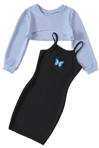 LIKCAISA Conjunto de ropa de dos piezas para niña, sin mangas, vestido de cami ajustado y camiseta de manga larga, tops de verano, adolescentes, niñas, vestidos de mariposa, 122, 128, 134, 140, 146,