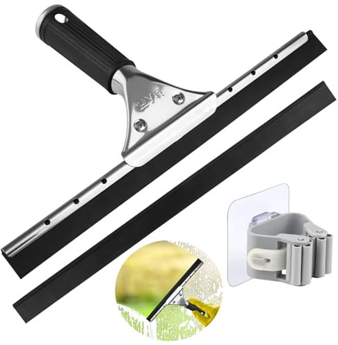 Professional Shower Squeegee, 30 cm Stainless Steel squeegee, Black Soft Rubber Handle Window Squeegee for Glass, Tile and Windows,With Replacement Adhesive Strips and Hooks