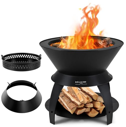 COSTWAY Brasero Foyer de Terrasse 3 en 1 de 50CM, Bol de Feu de Camping en Métal avec Support de Casserole et Étagère de Rangement, Combustion sans Fumée Enrichie en Oxygène