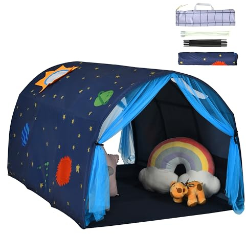HOMASIS Tenda a Tunnel da Letto per Bambini, Tenda Gioco Bambini con Borsa per il Trasporto, Tenda Bambini Cameretta con Finestre in Rete, Regalo Perfetto, 144x 102 x 82 cm (Blu)