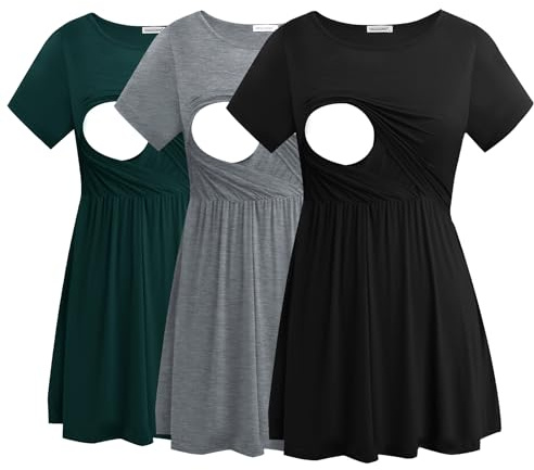 Smallshow Maglia Allattamento Donna Maniche Corte Maglietta Premaman 3-Pack,Black-Deep Green-Light Grey,XXL