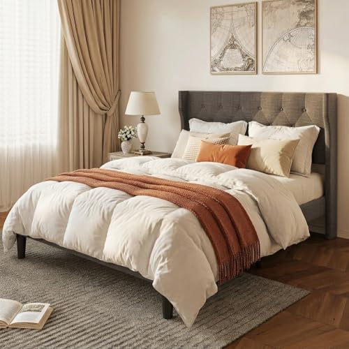 Xbro Cama Tapizada 135x190 cm con Cabecero Acolchado y Somier de Lamas de Madera, Cama Doble Estable con Almacenaje, Montaje Fácil