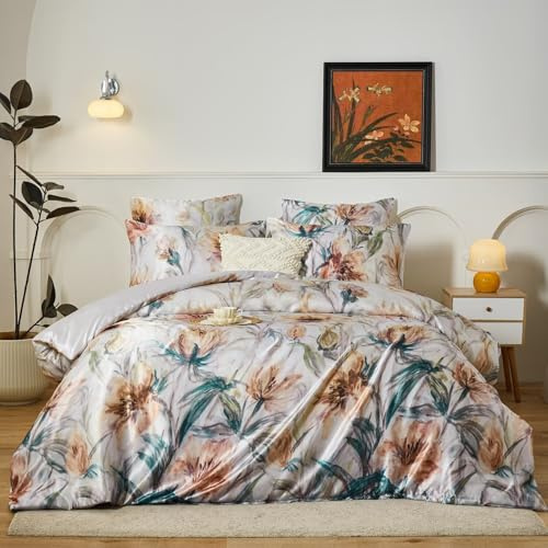 Luowei Ropa de cama de seda de satén, 135 x 200 cm, multicolor, estilo nostálgico, ropa de cama de 2 piezas, diseño de hojas y flores, funda nórdica de lujo romántico con cremallera y fundas de