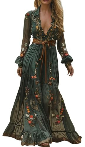 Abito boho da donna, lungo, vintage, stile rustico, con scollo a V, con motivo floreale, casual, a maniche lunghe, leggero, elegante, in chiffon
