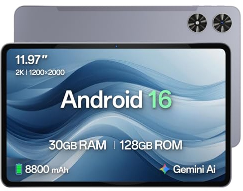 12 Zoll Tablet mit Android 16, 2K Display (2000×1200), 30GB RAM (6+24) + 128GB Speicher, Octa-Core Prozessor, 8800mAh Akku, Widevine L1, Dual WiFi 2.4/5GHz, Bluetooth 5.0, GPS, 13MP Kamera
