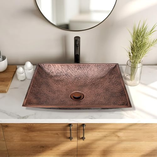 CT Copper Tailor Bathroom Vessel Sink, 16-Gauge Thick Copper Vanity Sink,Hand Hammered, Above Counter Washbasin with Pop Up Drain Stopper, for Small Bathroom
