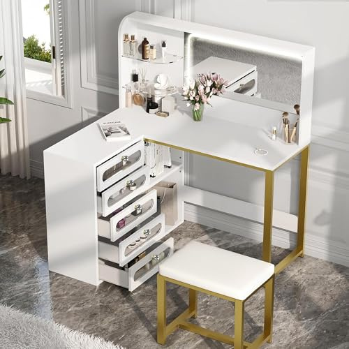 MGMYM Hörnsminkbord 120 x 80 x 135 cm, L-format sminkbord set med spegel och pall, vitt sminkbord med LED-belysning, toalettbord sminkbord med 5 lådor (A)