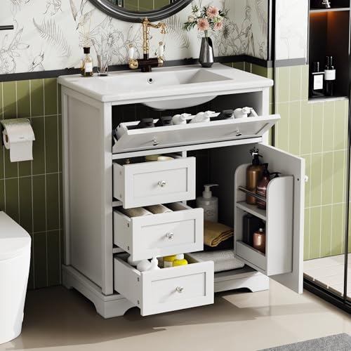 76x46x87 cm, mobile da bagno con lavabo laccato, resistente all'umidità, guidata silenziosamente, porta con telaio e cassetto pieghevole, lavabo in ceramica, colore: bianco