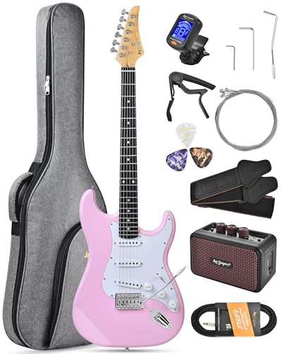 Leo Jaymz Beginner Electric Guitar 39” Kit with Portable Amplifier, Padded Gig Bag, Digital Tuner,Capo,Strap,Picks,Classic SSS Pickups (Pink-SSS)