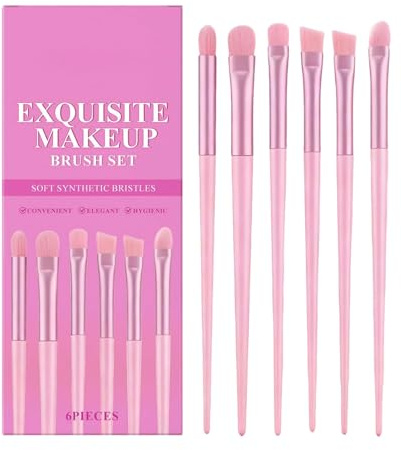 Juego de pinceles de maquillaje, 6 unidades, color rosa, multifuncional, tamaño de viaje, cerdas de fibra, para maquillaje de ojos