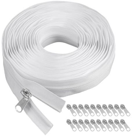 #5 Zips for Sewing, 10m/10.9 Yards Nylon Zippers with 20pcs Zipper Sliders | Zipper Kit for DIY Sewing, Craft, Bag, Clothing, and Home Textiles, White