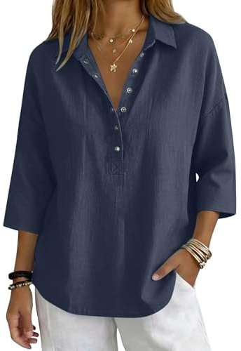 Générique Chemisier Femme Chic et Élégant Col V Boutonné Manches 3/4 Couleur Unie Ample Fluide Vetement Ete Tunique Grande Taille Tee Shirt Extensible Casual Blouse Chemise Haut