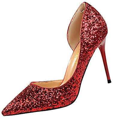 Womens Glitter Stiletto Closed Toe Pointed High Heel Party Prom Clubbing Pumps Elegant Court Shoes Red UK 2.5