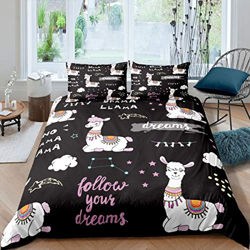 Cute Llama Duvet Cover Cartoon Llama Alpaca Bedding Set Constellation Starry Sky Comforter Cover for Girls Kids Children Room Decor Lovely Animal Theme Bedspread Cover Single Size With 1 Pillow Case