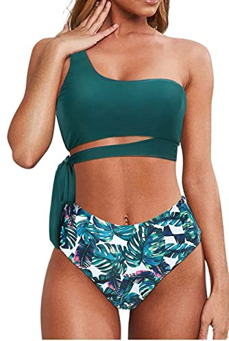 Trajes de Baño Mujer de Dos Piezas Bikinis Push Up Braga Alta Bañadores Reductor Barriga Bikini Bandeau un Hombro Brasileños(Hojas Azules,L)