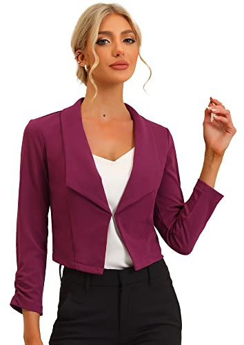 Allegra K Damen Crop Blazer Schal Revers Langarm Open Front Anzug Jacke, Lila Berry, 44