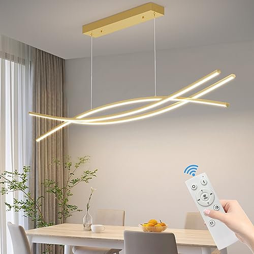 Mikeru LED Pendelleuchte esszimmer, 36W 100cm Moderne Kücheninsel Leuchten Gold, Lineare Hängelampe Dimmbar mit Fernbedienung, Höhe 150cm einstellbar 10%-100% Einstellung der Farbtemperatur