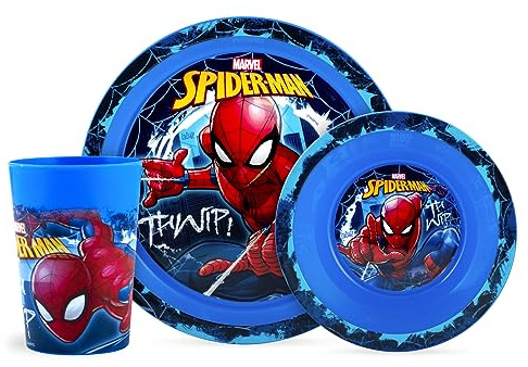 Lulabi Set 3 Pezzi Bimbo Spider-Man, 100% Originale Disney Marvel, Polipropilene Blu, BPA Free, Piatto Piano 20,5 cm, Piatto Pappa 15 cm, Bicchiere 24 cl, Idea Regalo per Bambini in Svezzamento
